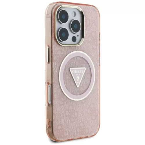 iPhone 16 Pro Rózsaszín Guess IML Fém Csillámos 4G Kör Háromszög MagSafe tok