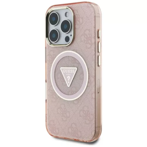 iPhone 16 Pro Rózsaszín Guess IML Fém Csillámos 4G Kör Háromszög MagSafe tok