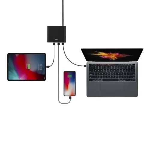 UNIQ Surge 90W 2xUSB Quick Charge 3.0 + 2xUSB-C PD 3.0 HUB, töltőállomás szénfekete