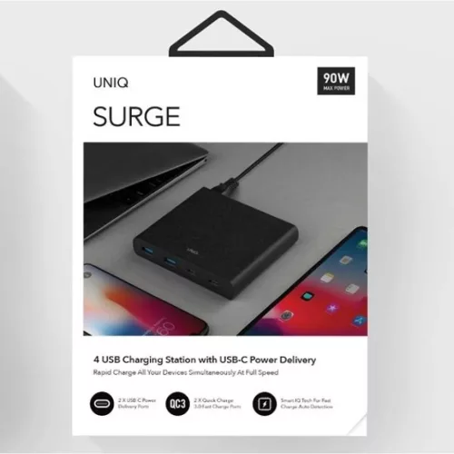 UNIQ Surge 90W 2xUSB Quick Charge 3.0 + 2xUSB-C PD 3.0 HUB, töltőállomás szénfekete