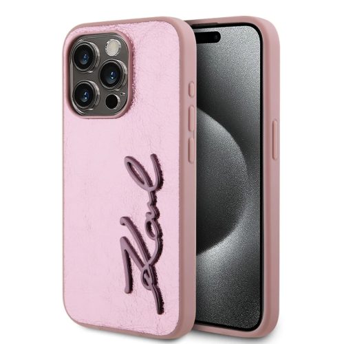 iPhone 15 Pro Max Pink Karl Lagerfeld Wrinkled PU Signature Logo tok