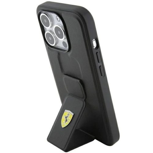 Ferrari Grip Stand Metal Logo tok iPhone 15 Pro Max - fekete