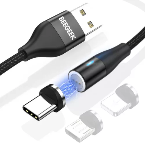 BeeGeek AM60 USB kábel 1M 3A 18W QC 3.0 gyorstöltés USB-C, Type-C mágneses fejjel, 1m fekete