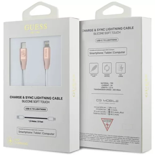 Guess Lightning USB-C kábel 1.5m Gyors Töltés rózsaszín dombornyomott logó