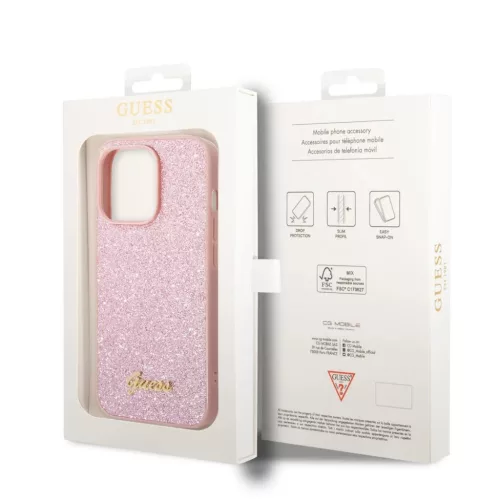 iPhone 14 Pro Max Guess PC/TPU Glitter Flakes Metal Logo tok rózsaszín (GUHCP14XHGGSHP)