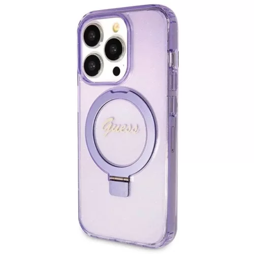 Guess Ring Stand Script Glitter MagSafe tok iPhone 14 Pro Max - lila