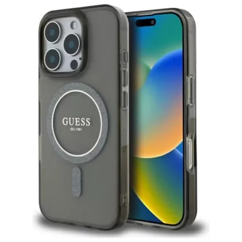 iPhone 16 Pro 6.3" fekete/fekete Guess GUHMP16LHFGEREK kemény tok IML Glitter Circle MagSafe tok