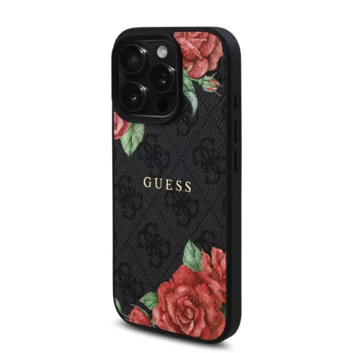iPhone 16 Pro fekete Guess PU Leather 4G Roses MagSafe tok