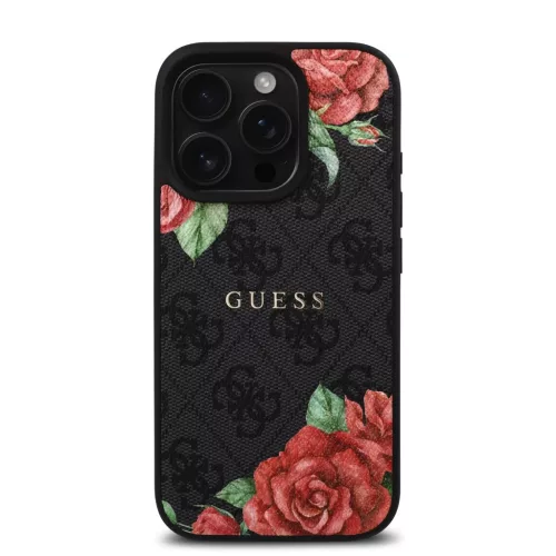 iPhone 16 Pro fekete Guess PU Leather 4G Roses MagSafe tok