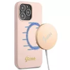 Guess GUHMP13XLSLMGLP iPhone 13 Pro Max 6.7" világos rózsaszín tok Silicone Script arany logó Magsafe