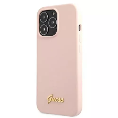 Guess GUHMP13XLSLMGLP iPhone 13 Pro Max 6.7" világos rózsaszín tok Silicone Script arany logó Magsafe