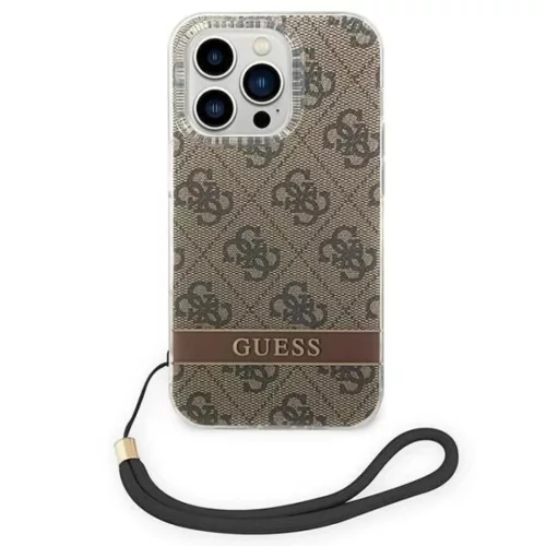 Guess GUOHCP14XH4STW iPhone 14 Pro Max 6.7" barna / barna keménytok 4G Print Strap tok