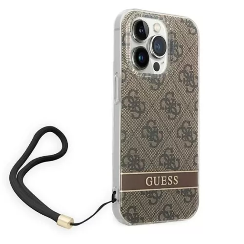 Guess GUOHCP14XH4STW iPhone 14 Pro Max 6.7" barna / barna keménytok 4G Print Strap tok