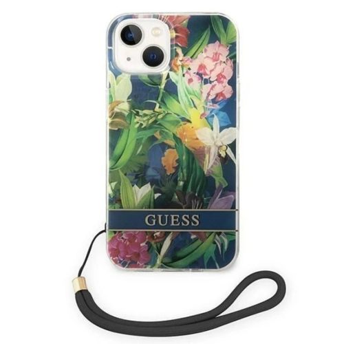 Guess GUOHCP14SHFLSB iPhone 14 6.1 "kék/kék kemény tok Flower Strap tok