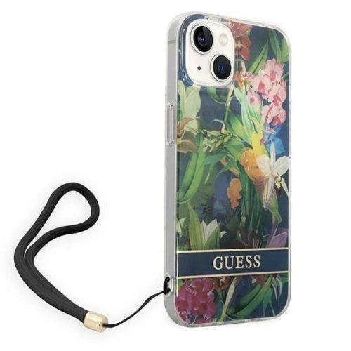 Guess GUOHCP14SHFLSB iPhone 14 6.1 "kék/kék kemény tok Flower Strap tok