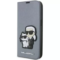   Karl Lagerfeld KLBKP14XSANKCPG iPhone 14 Pro Max 6.7" fliptok ezüst/ezüst Saffiano Karl & Choupette tok