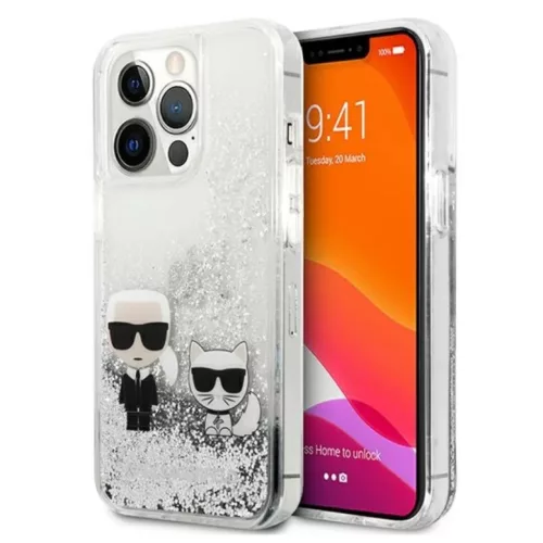 iPhone 13 Pro Max Karl Lagerfeld Liquid Glitter Karl Choupette tok ezüst (KLHCP13XGKCS)