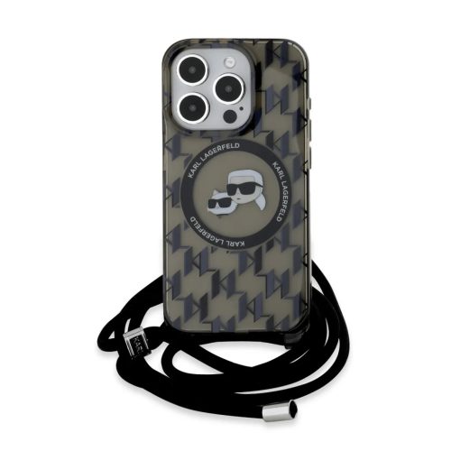 iPhone 15 Pro Max Karl Lagerfeld IML Monogram Crossbody K&CH Heads MagSafe tok, Fekete