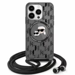   iPhone 16 Pro fekete Karl Lagerfeld kemény fliptok Monogram Karl & Choupette Head MagSafe (KLHMP16LHCKCKLCK)