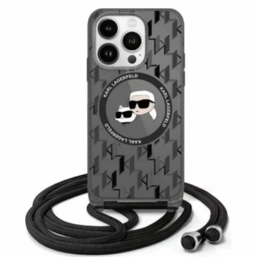 iPhone 16 Pro fekete Karl Lagerfeld kemény fliptok Monogram Karl & Choupette Head MagSafe (KLHMP16LHCKCKLCK)