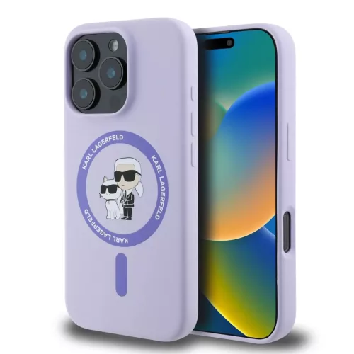 iPhone 16 Pro lila Karl Lagerfeld Liquid Silicone Karl and Choupette MagSafe tok