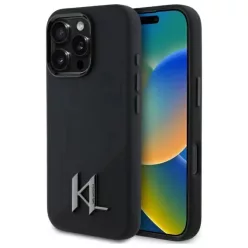   iPhone 16 Pro Fekete Karl Lagerfeld Silicone Shadow Metal Initial MagSafe tok