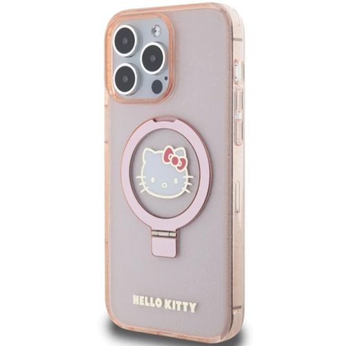 Original Case HELLO KITTY kemény tok gyűrűtartóval, csillámos, elektropolírozott logóval, MagSafe kompatibilis, HKHMP15XHRSGEP, iPhone 15 Pro Max, rózsaszín
