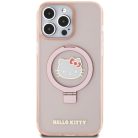 Original Case HELLO KITTY kemény tok gyűrűtartóval, csillámos, elektropolírozott logóval, MagSafe kompatibilis, HKHMP15XHRSGEP, iPhone 15 Pro Max, rózsaszín