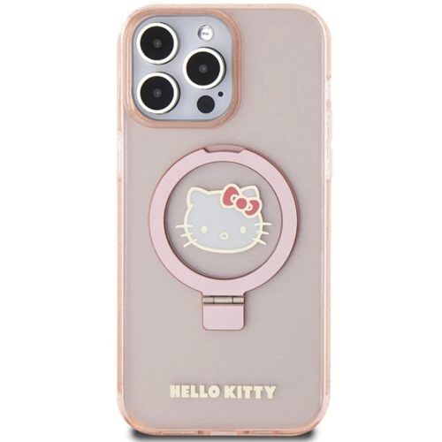Original Case HELLO KITTY kemény tok gyűrűtartóval, csillámos, elektropolírozott logóval, MagSafe kompatibilis, HKHMP15XHRSGEP, iPhone 15 Pro Max, rózsaszín