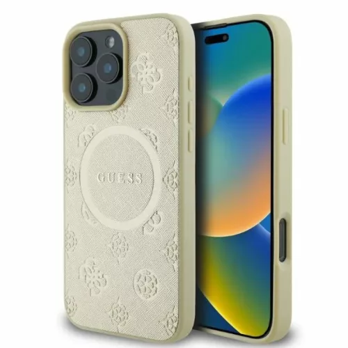 iPhone 16 Pro Arany Eredeti GUESS keménytok Saffiano Peony Klasszikus Logó MagSafe GUHMP16LPSAPSMED tok