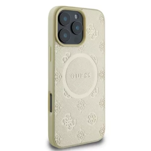 iPhone 16 Pro Arany Eredeti GUESS keménytok Saffiano Peony Klasszikus Logó MagSafe GUHMP16LPSAPSMED tok