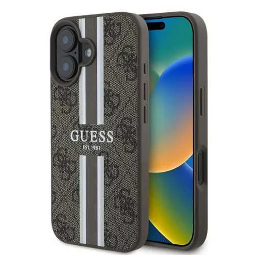 iPhone 16 Plus barna Original Guess 4G Nyomott Csíkos MagSafe GUHMP16MP4RPSW tok