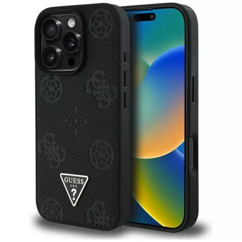 iPhone 16 Pro fekete Eredeti Guess Grained Hot Stamp Peony Triangle Logo MagSafe tok