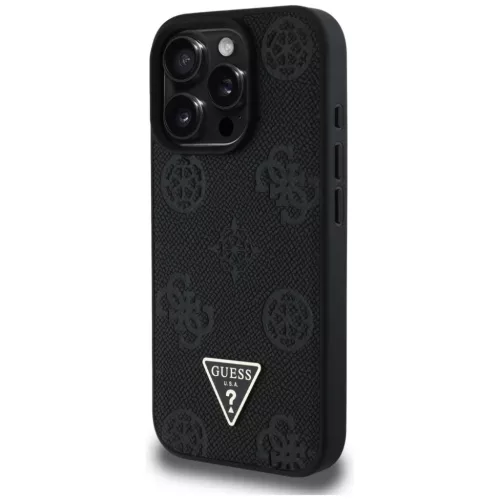 iPhone 16 Pro fekete Eredeti Guess Grained Hot Stamp Peony Triangle Logo MagSafe tok