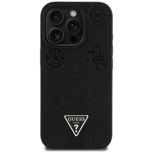 iPhone 16 Pro fekete Eredeti Guess Grained Hot Stamp Peony Triangle Logo MagSafe tok