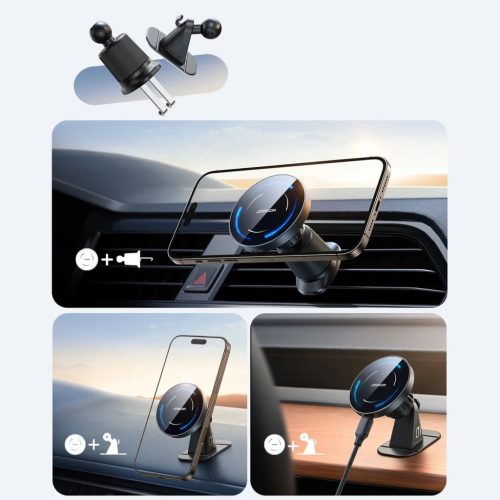 Joyroom JR-ZS502 MagSafe Kompatibilis Autós Telefontartó Vezeték Nélküli Töltővel Szellőzőre és Műszerfalra Rögzíthető - Fekete