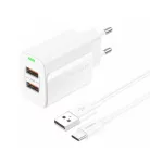 Foneng fali töltő EU63 - 2xUSB - 12W USB-ről Type C kábel fehér