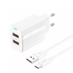   Foneng fali töltő EU63 - 2xUSB - 12W USB-ről Type C kábel fehér