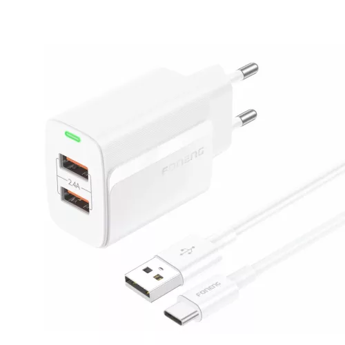 Foneng fali töltő EU63 - 2xUSB - 12W USB-ről Type C kábel fehér