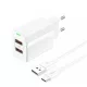 Foneng fali töltő EU63 - 2xUSB - 12W USB-ről Type C kábel fehér