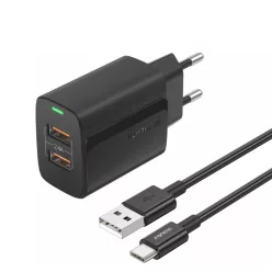   Foneng Wall charger EU63 - 2xUSB - 12W USB-C kábellel fekete,
