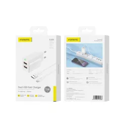   FONENG fali töltő EU63 2.4A 12W 2xUSB + kábel Lightning Fehér