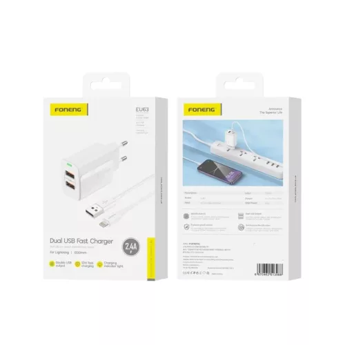 FONENG fali töltő EU63 2.4A 12W 2xUSB + kábel Lightning Fehér