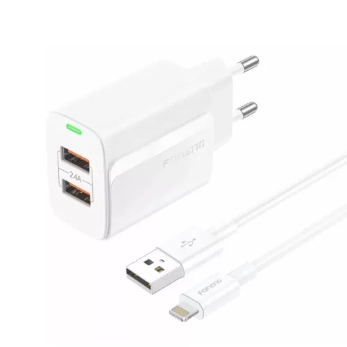 FONENG fali töltő EU63 2.4A 12W 2xUSB + kábel Lightning Fehér