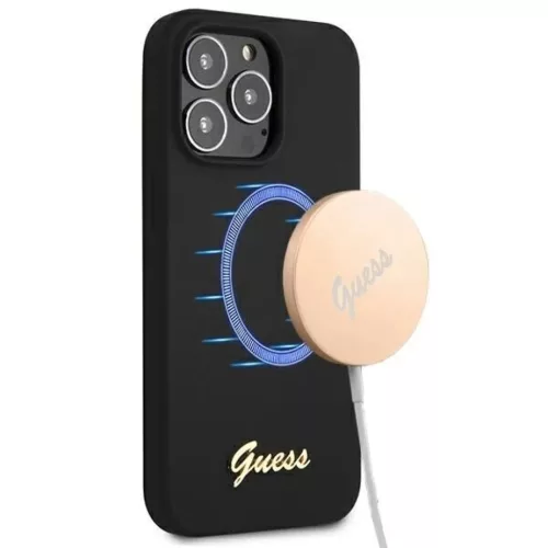 Guess GUHMP13XLSLMGBK iPhone 13 Pro Max 6.7" fekete/fekete tok Silicone Script Arany Logó MagSafe