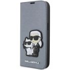 Karl Lagerfeld KLBKP14LSANKCPG iPhone 14 Pro 6.1" fliptok ezüst/ezüst Saffiano Karl & Choupette tok