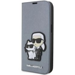   Karl Lagerfeld KLBKP14LSANKCPG iPhone 14 Pro 6.1" fliptok ezüst/ezüst Saffiano Karl & Choupette tok