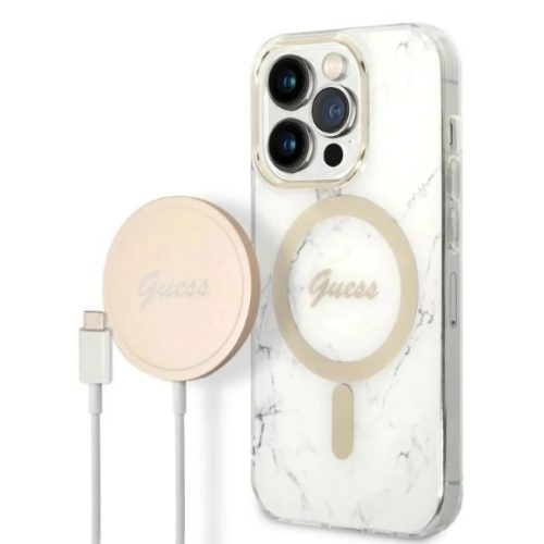 Guess GUBPP14LHMEACSH tok + Töltő Szett iPhone 14 Pro 6.1" fehér/fehér kemény tok márvány MagSafe,