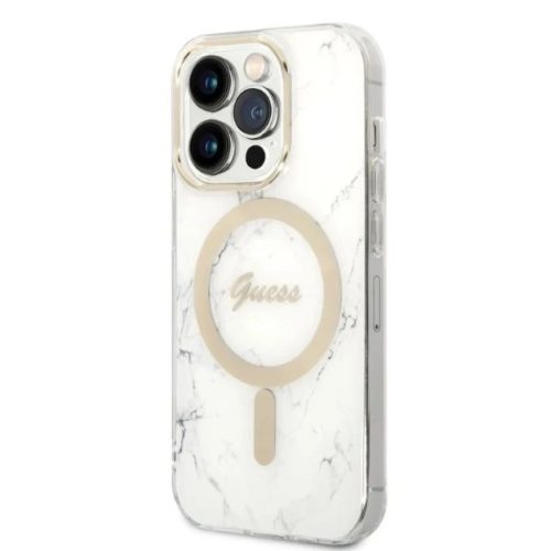 Guess GUBPP14LHMEACSH tok + Töltő Szett iPhone 14 Pro 6.1" fehér/fehér kemény tok márvány MagSafe,