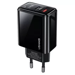   USAMS T40 hálózati töltő adapter 1xUSB-C + 1xUSB 20 W LED kijelzővel PD3.0 + QC3.0 Gyorstöltés fekete (US-CC133)